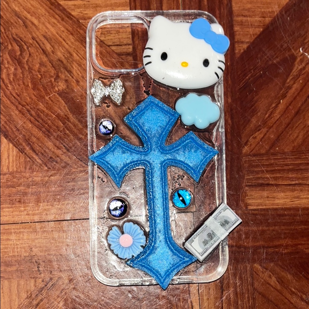 Iphone13 case Handmade Cute Hello Kitty Blue Cross Phone Case